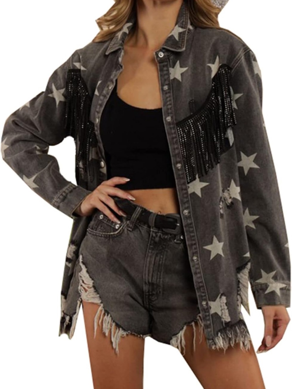 Star Print Fringe Denim Shacket- Black